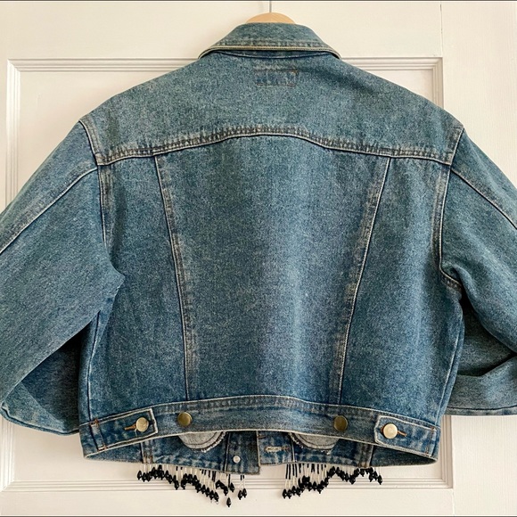 Vintage Cropped Denim Jacket w/ Beaded Fringe by "Noname" (1980 - 1990) - Picture 6 of 8